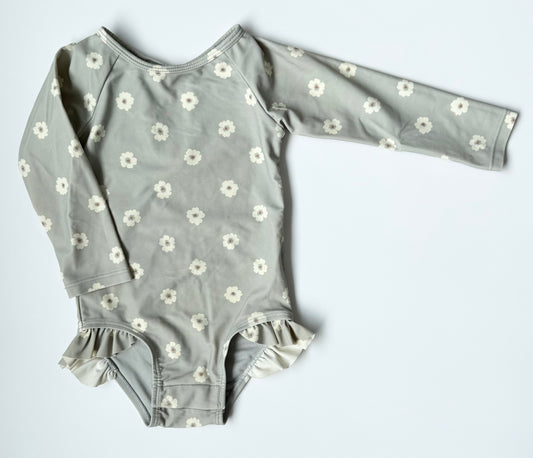Quincy Mae Light Grey & White Floral Long Sleeve One Piece Swimsuit (6-12 Months)