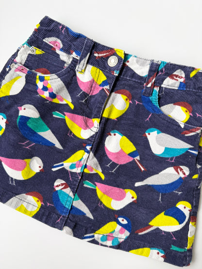 Mini Boden Navy & Colorful Birds Corduroy Skirt (7-8 Years)
