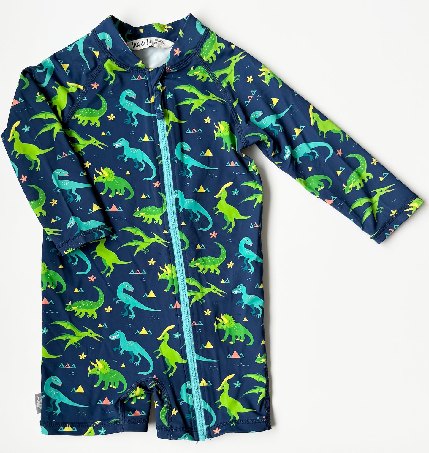Jan & Jul Blue & Green Dinosaurs Long Sleeve & Shorts Rashguard One Piece Swimsuit (2T)