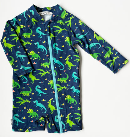 Jan & Jul Blue & Green Dinosaurs Long Sleeve & Shorts Rashguard One Piece Swimsuit (2T)