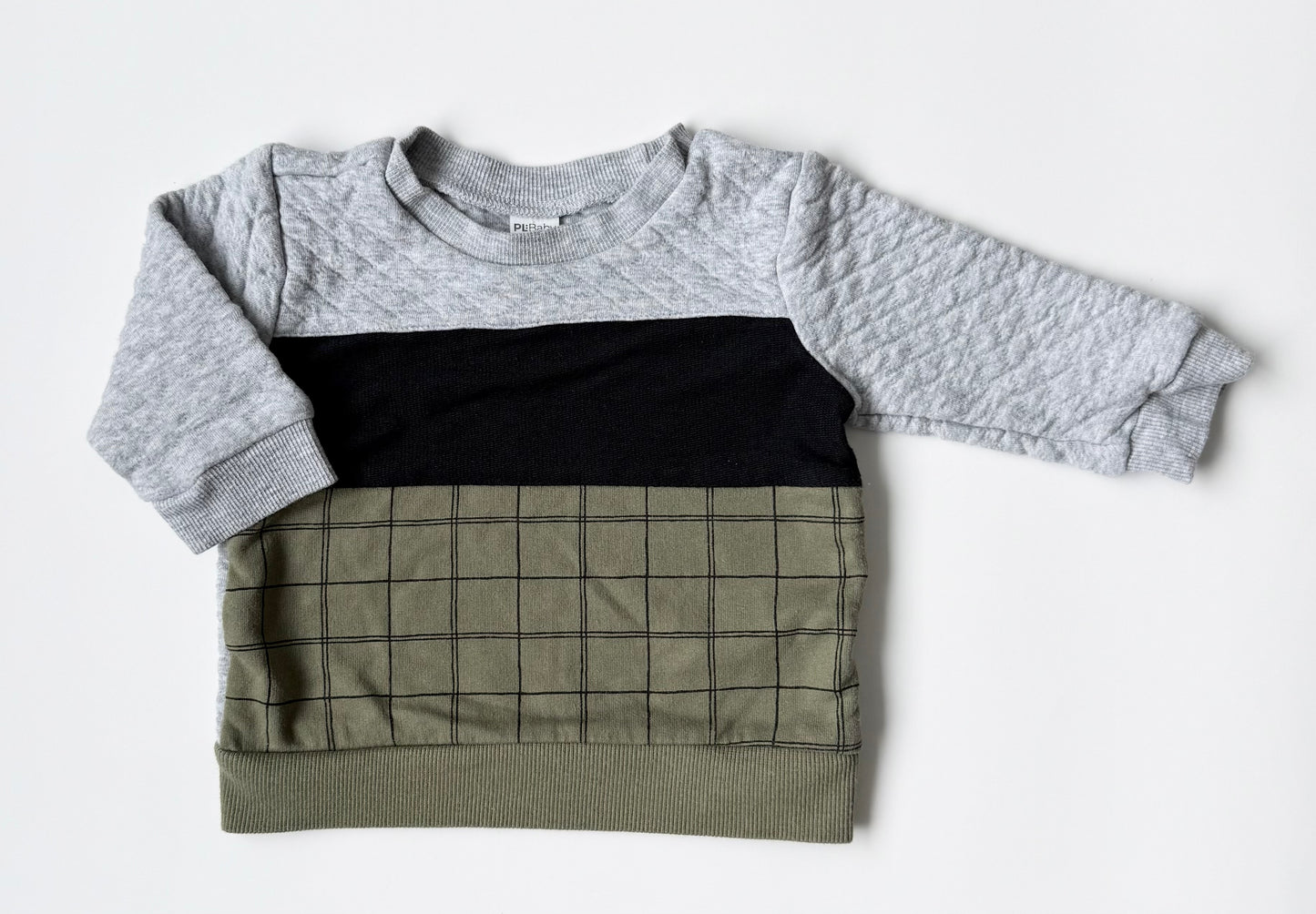 PL Baby Grey, Black & Green Quilted Grid Sweater (12 Months)