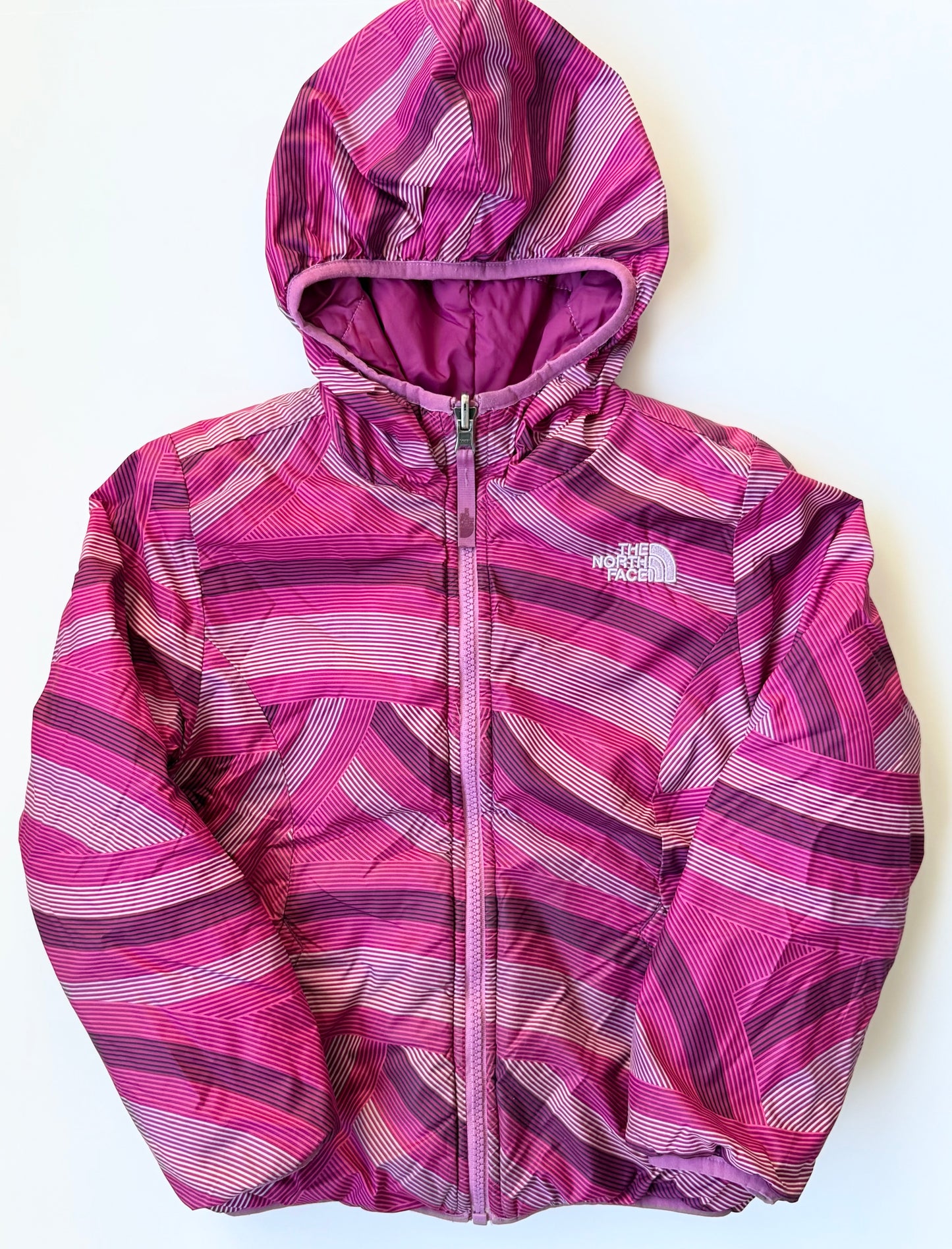 The North Face Perrito Dark Pink & Purple Patterned Reversible Puffer Hooded Jacket (6 Years)