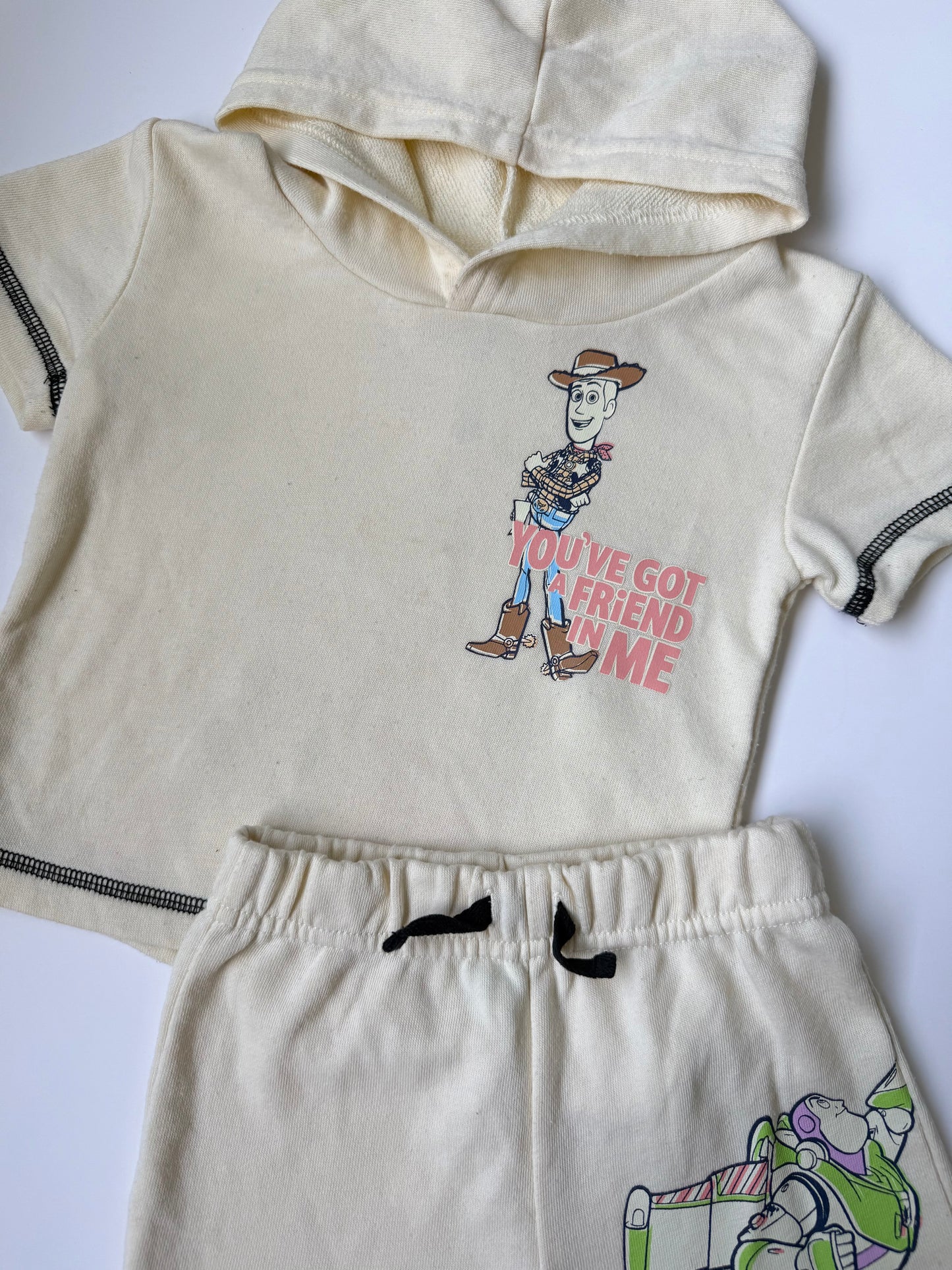 Disney Baby Pixar Toy Story Light Yellow Characters Short Sleeve Hoodie & Shorts Set (12 Months)