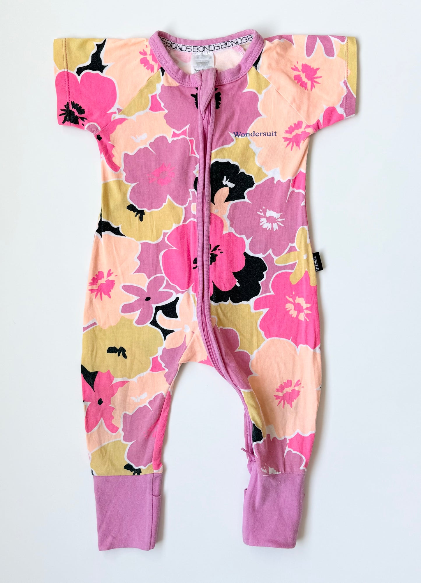Bonds Wondersuit Pink & Orange Floral Short Sleeve Sleeper Romper (3-6 Months)