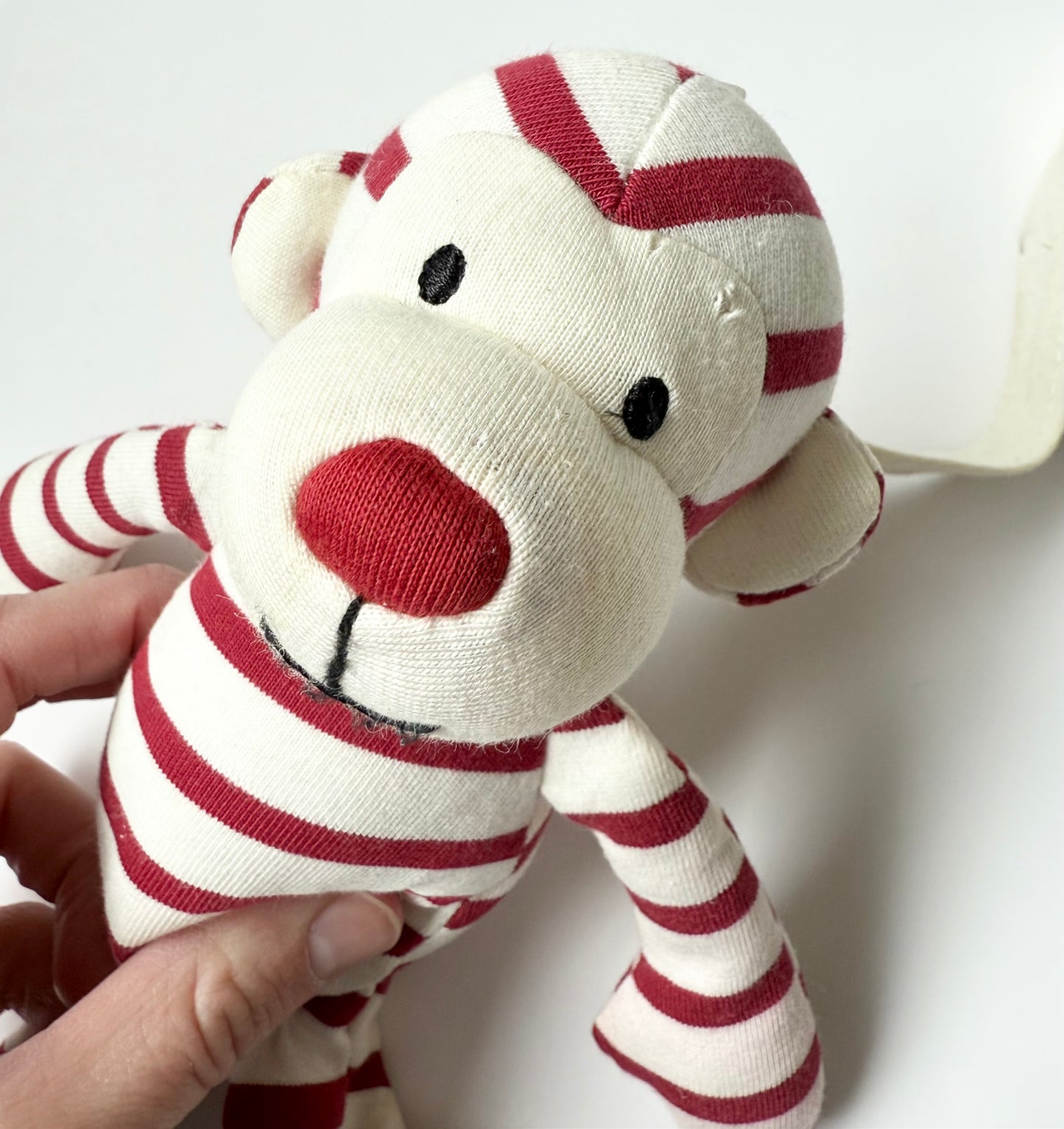 Jellycat Little Zoot Monkey Maroon Red White Striped Plush Soft Rings Baby Toy