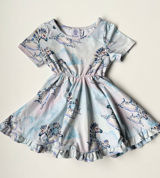 Cheeky Chickadee Blue Zebra Short Sleeve Dress (2T)