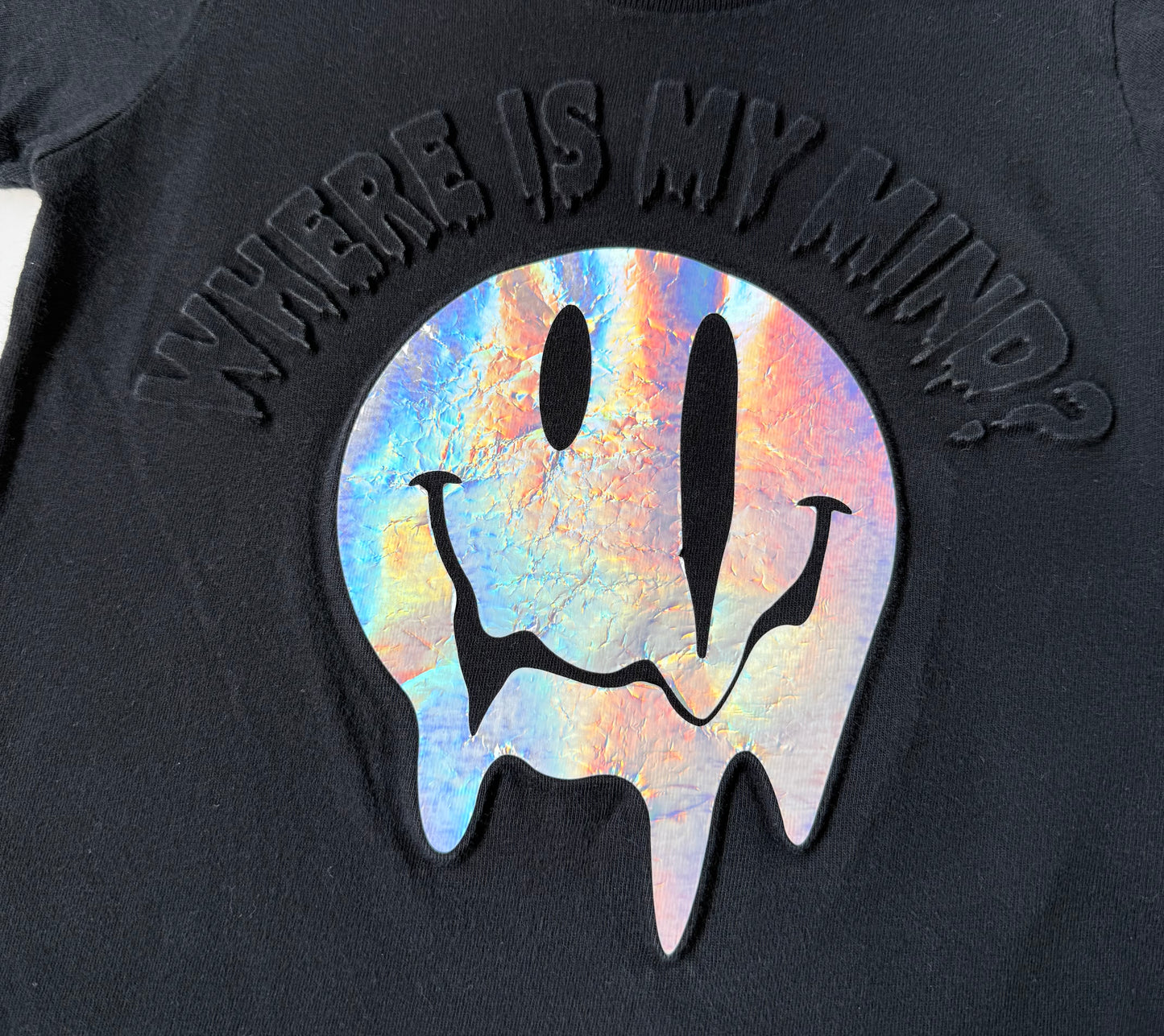 Cuidado Perro Kids Black “Where Is My Mind?” Holographic Smiley T-Shirt (12 Months)