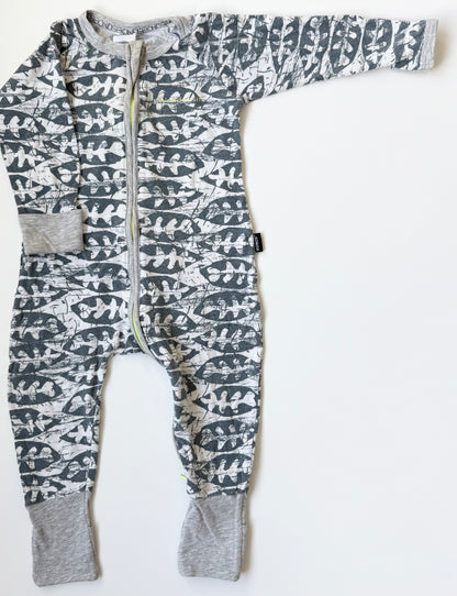 Bonds Wondersuit Grey & Blue Fish Bone Sleeper Romper (6-12 Months)