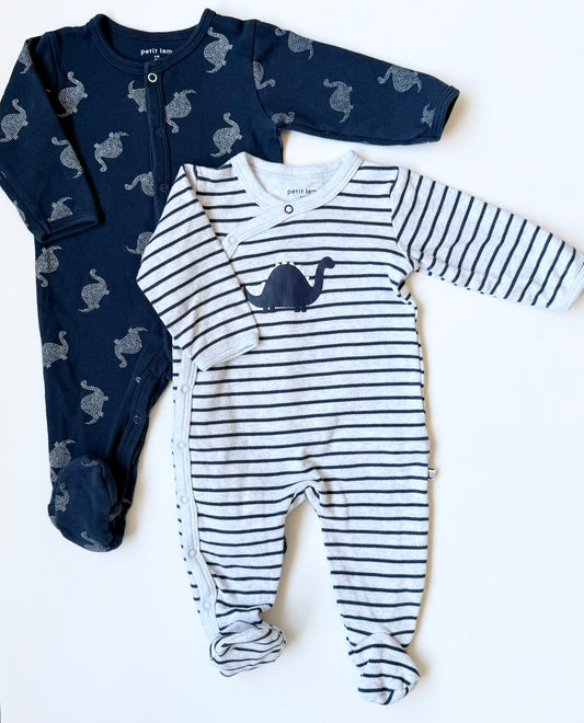 Petit Lem Blue & Stripped Dinosaur Snap Sleepers Bundle (6 Months)