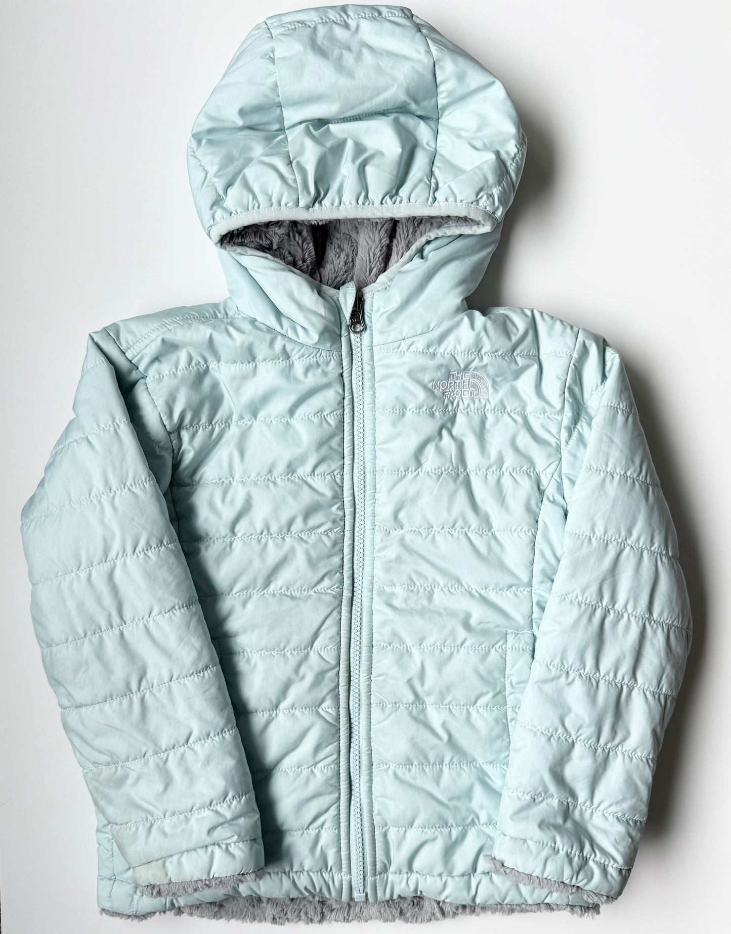 The North Face Mossbud Swirl Light Blue & Grey Fuzzy Reversible Winter Jacket (5T)