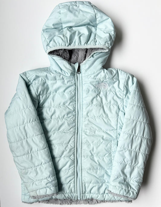 The North Face Mossbud Swirl Light Blue & Grey Fuzzy Reversible Winter Jacket (5T)