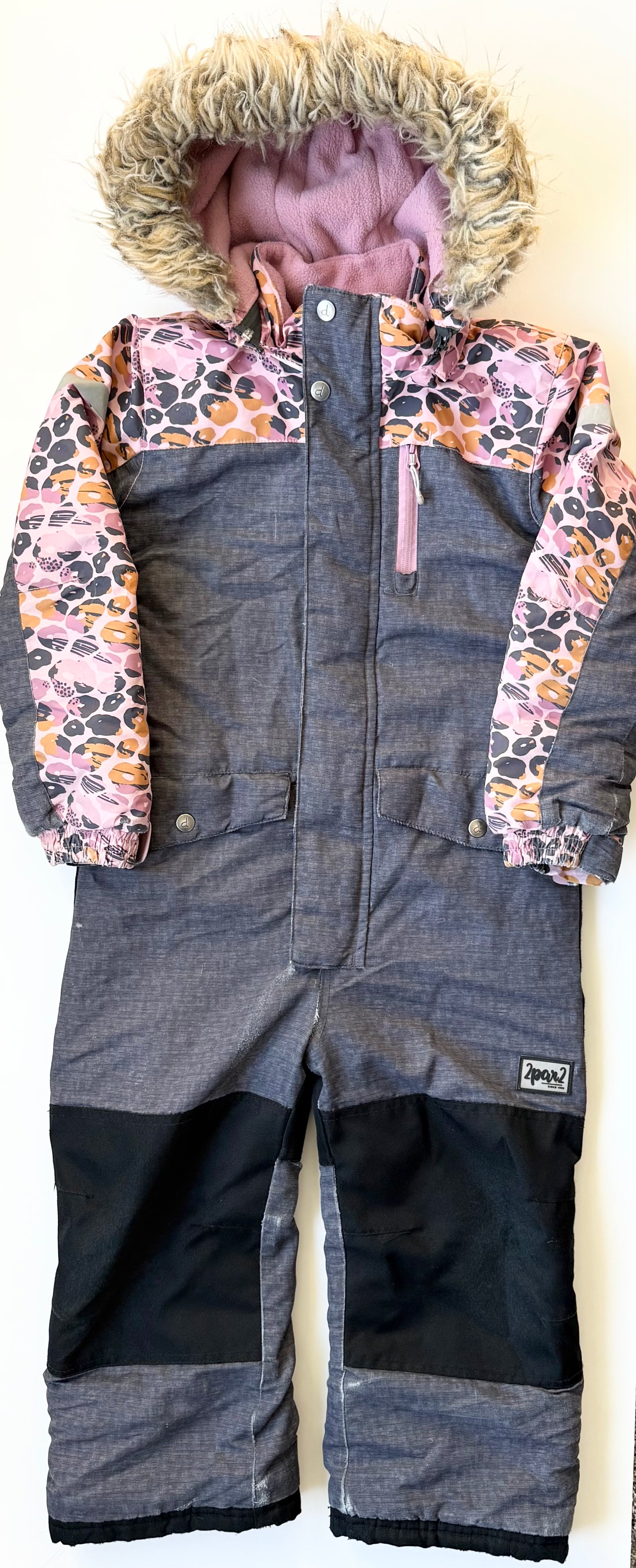 Deux Par Deux Grey & Pink Cheetah One Piece Snowsuit (7 Years)