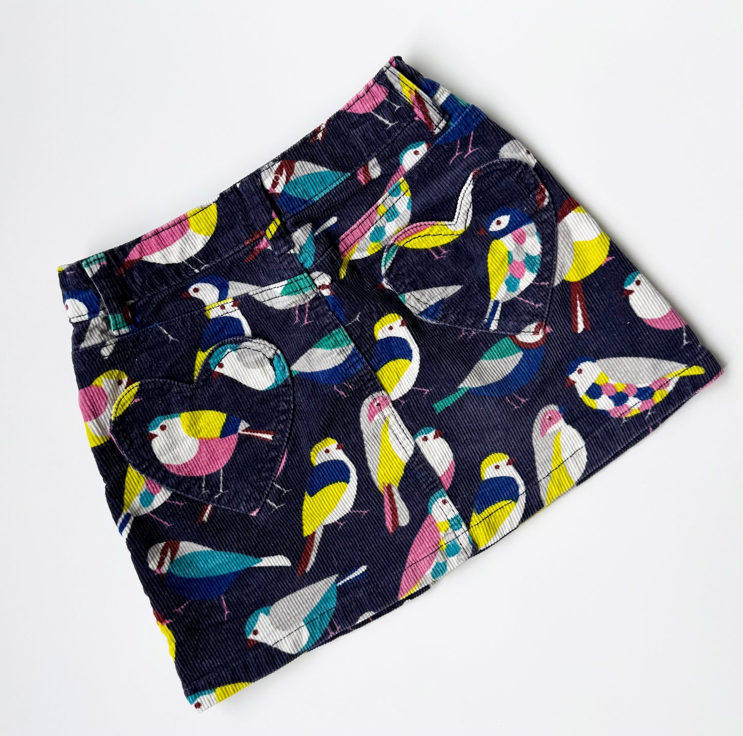 Mini Boden Navy & Colorful Birds Corduroy Skirt (7-8 Years)