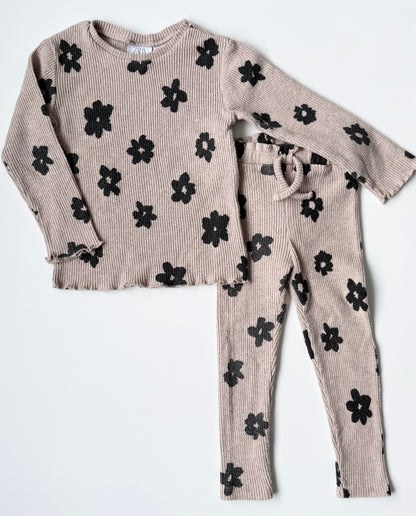 Zara Beige & Black Flowers Ribbed Long Sleeve & Leggings Set (18-24 Months)
