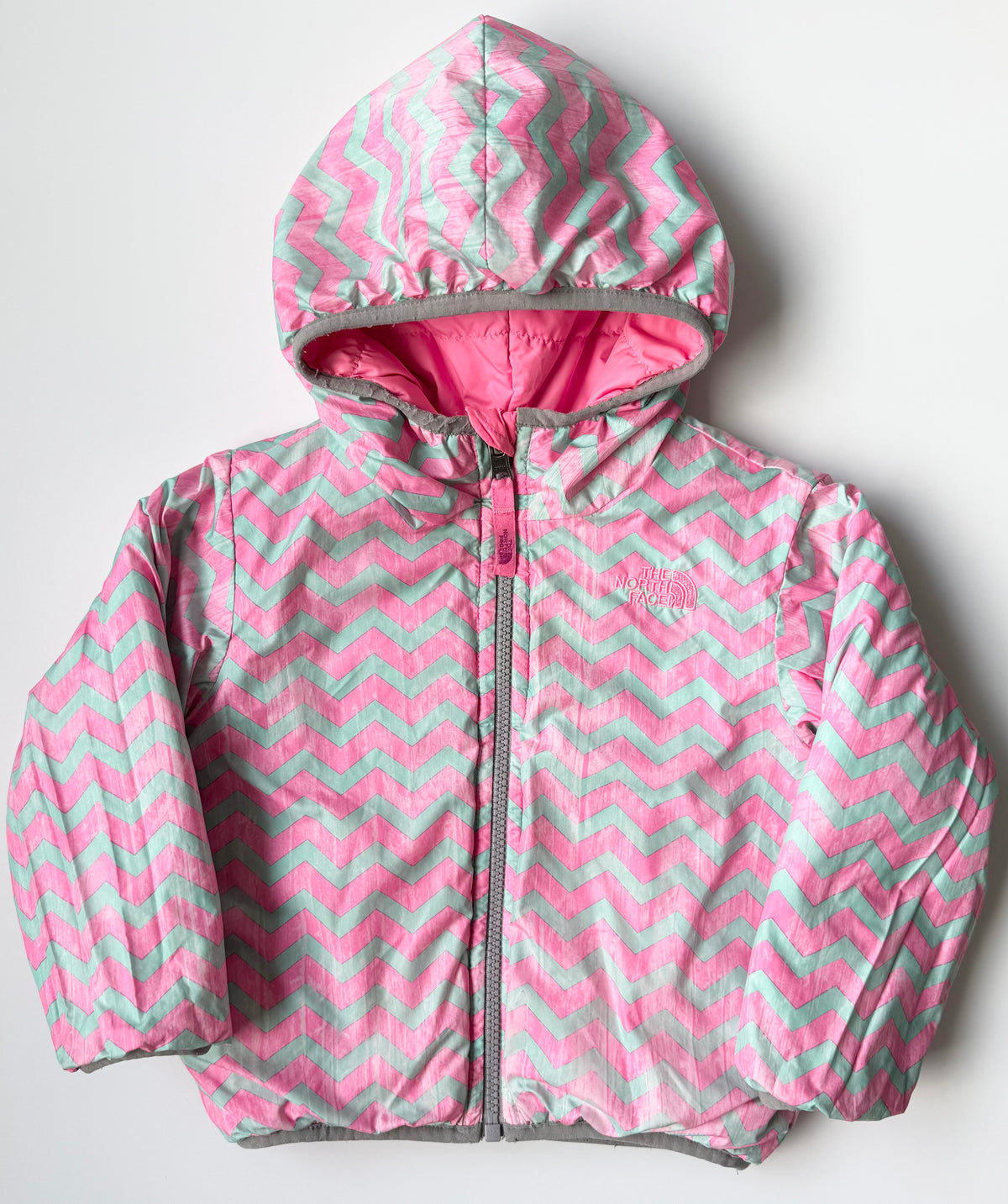 The North Face Perrito Hot Pink & Grey Chevron Reversible Puffer Jacket (2T)