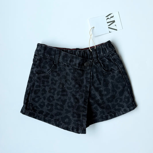 Zara Black Jean Cheetah Asymmetrical Skort - New (3 Years)