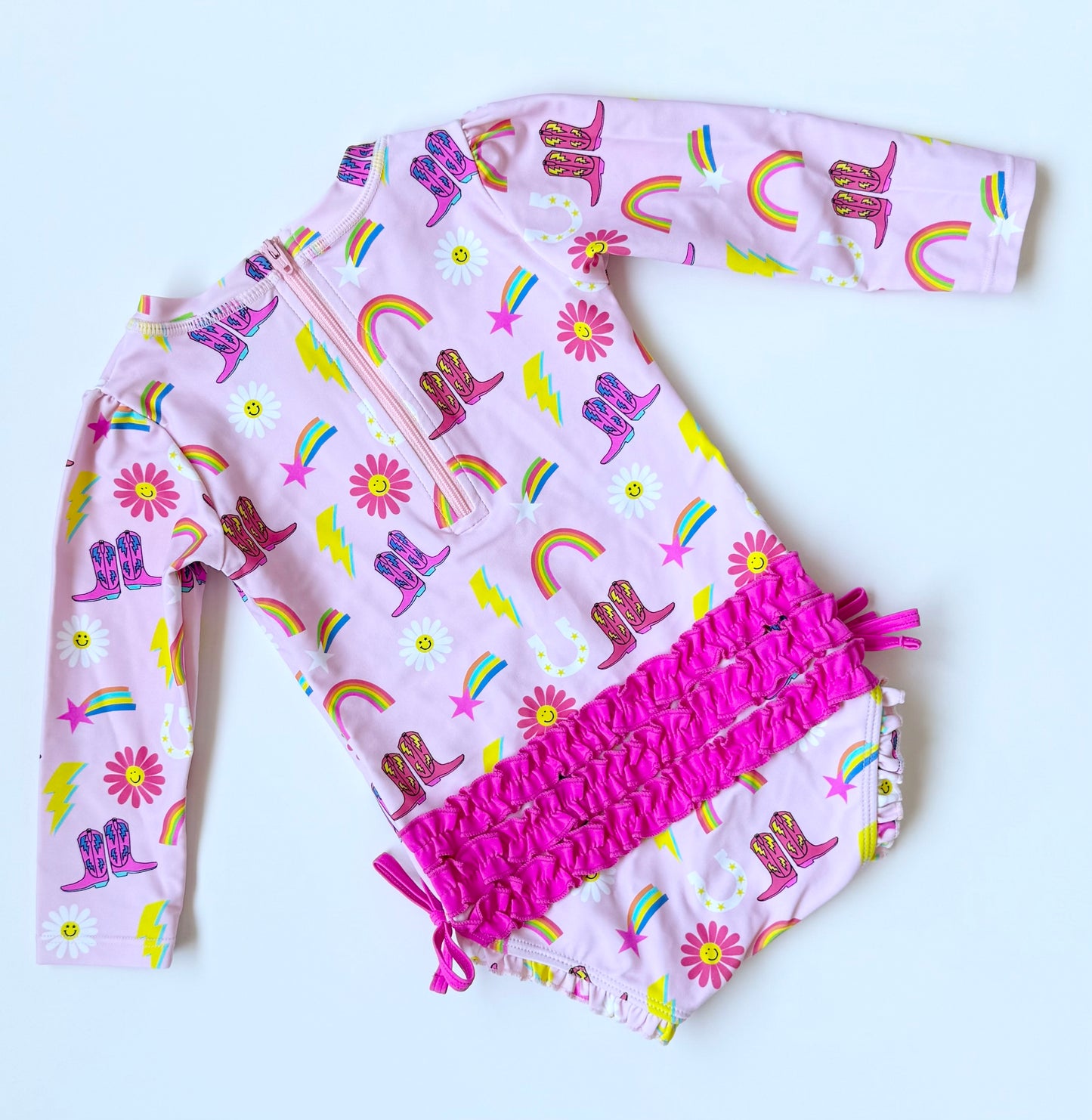 Ruffle Butts Pink Cowgirl Rainbow Long Sleeve One Piece Swimsuit (18-24 Months)