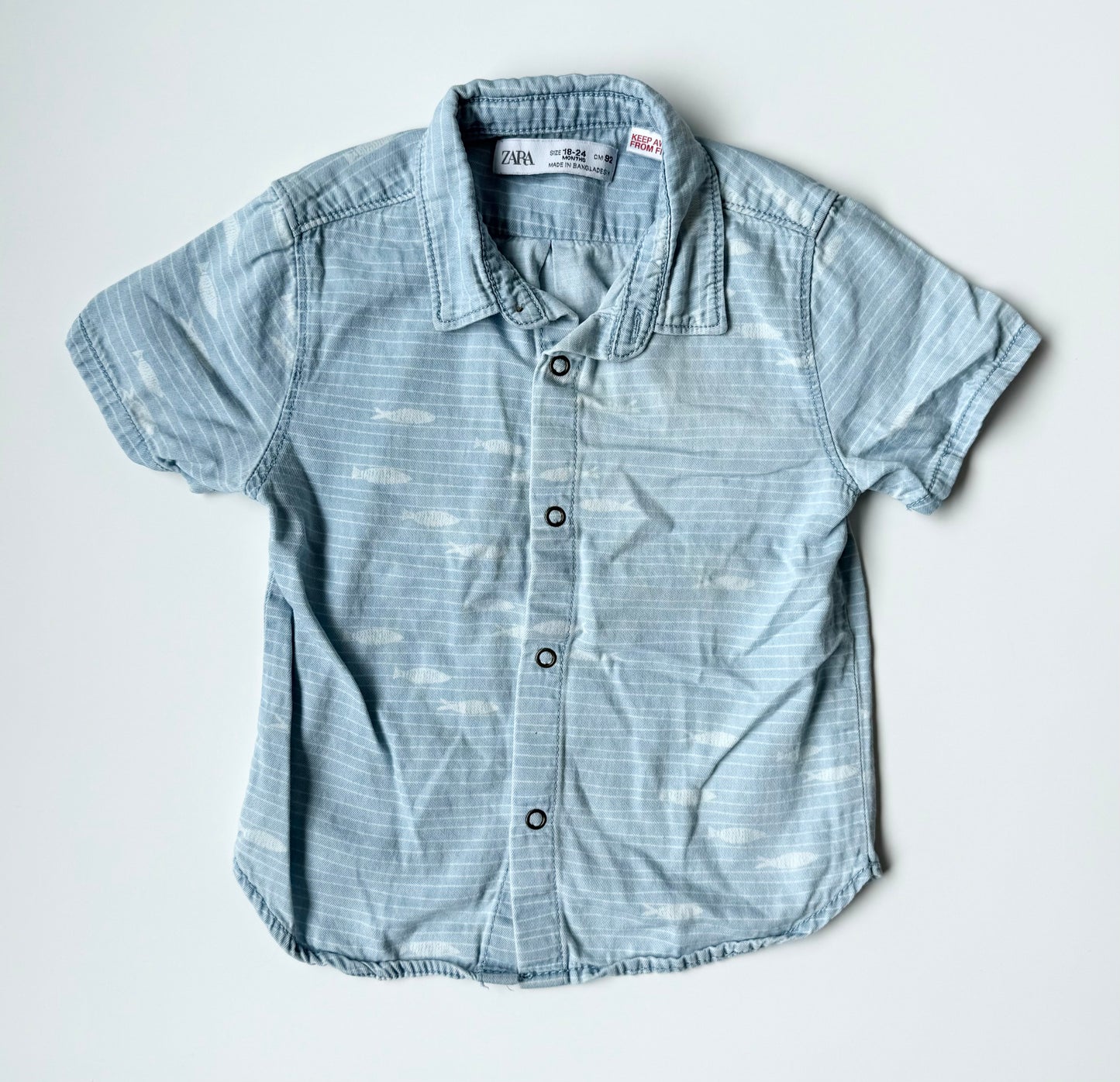 Zara Blue Fish Striped Collared Short Sleeve Snap Up (18-24 Months)