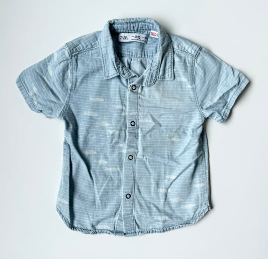Zara Blue Fish Striped Collared Short Sleeve Snap Up (18-24 Months)
