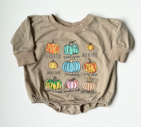 Lulu Bubbles Beige Pumpkin Variety Long Sleeve Sweater Romper (6-12 Months)