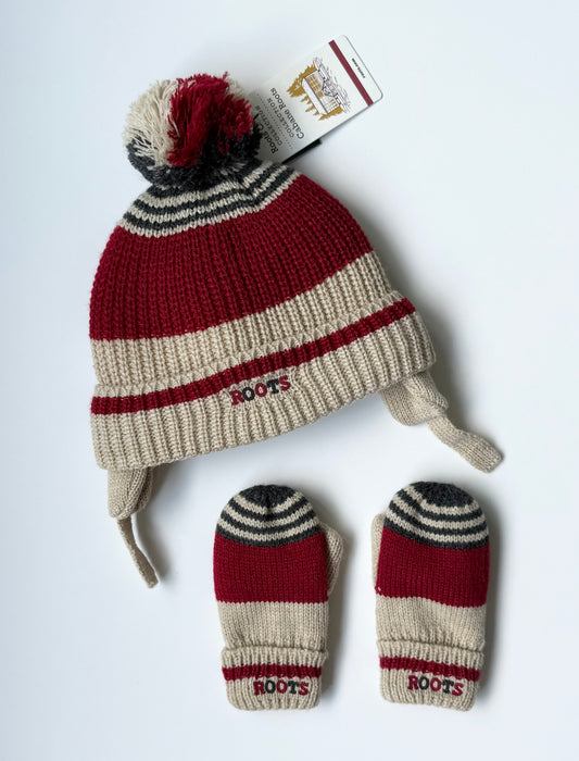 Roots Cabin Collection Red & Beige Striped Knitted Hat & Mittens Set - New (0-12 Months)