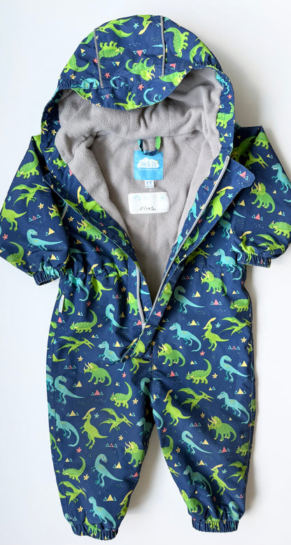 Jan & Jul Cozy-Dry Blue & Green Dinosaurs Fleece Lined Waterproof Rain/Play Suit (1T)