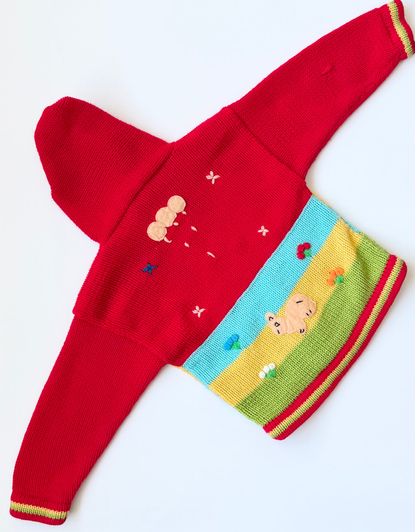 Handmade Red & Yellow Farm Knit Hooded Zip Up Sweater (18-24 Months)