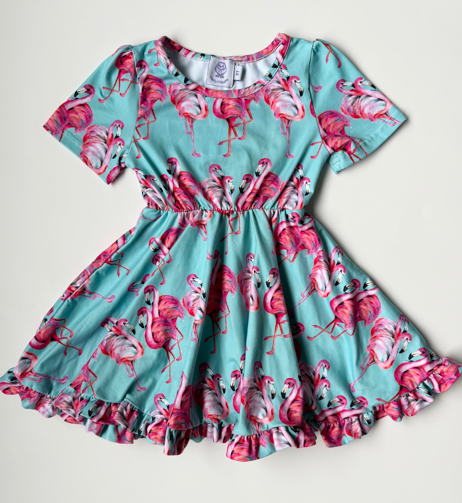 Cheeky Chickadee Blue & Pink Flamingos Short Sleeve Dress (2T) Lydia's Little Closet Cheeky Chickadee Blue & Pink Flamingos Short Sleeve Dress (2T) Lydia's Little Closet