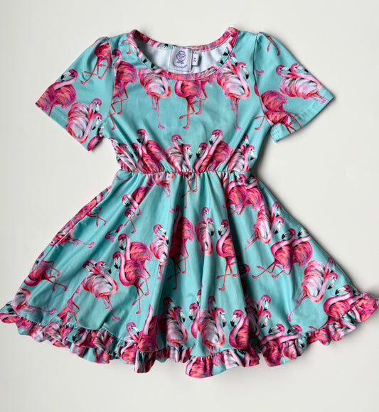 Cheeky Chickadee Blue & Pink Flamingos Short Sleeve Dress (2T)