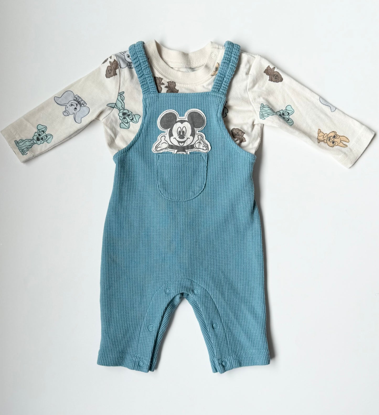 Disney 100 Characters Long Sleeve & Blue Waffled Overalls Set (0-3 Months)