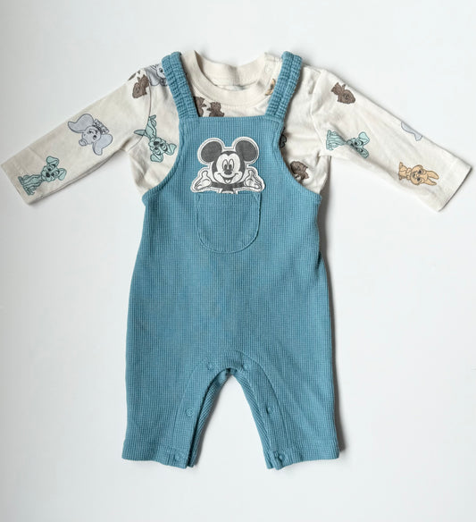 Disney 100 Characters Long Sleeve & Blue Waffled Overalls Set (0-3 Months)
