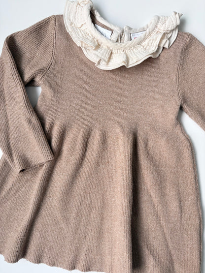 Zara Brown Knit Muslin Ruffle Collar Long Sleeve Dress (18-24 Months)