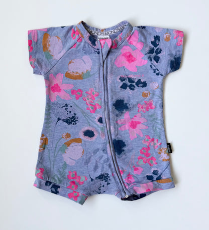 Bonds Wondersuit Blue & Purple Floral Shorty Romper (3-6 Months)