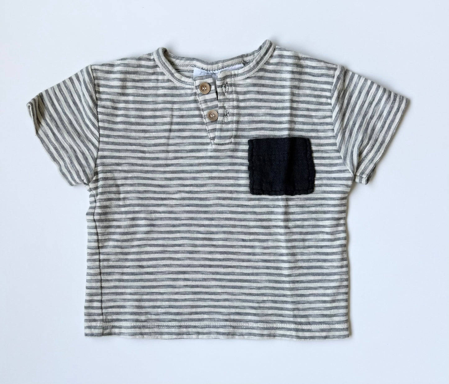 Zara Dark Grey & White Striped Two Button Pocket T-Shirt (3-6 Months)