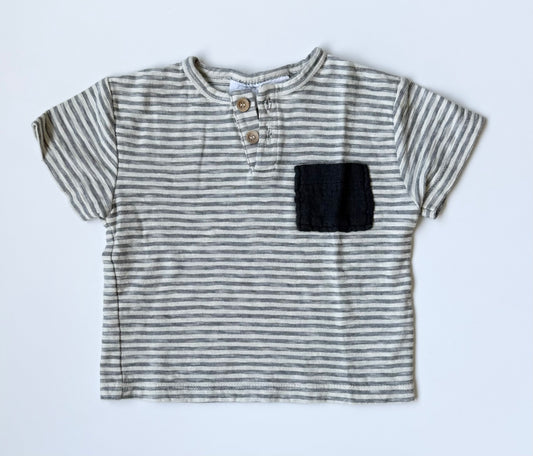 Zara Dark Grey & White Striped Two Button Pocket T-Shirt (3-6 Months)