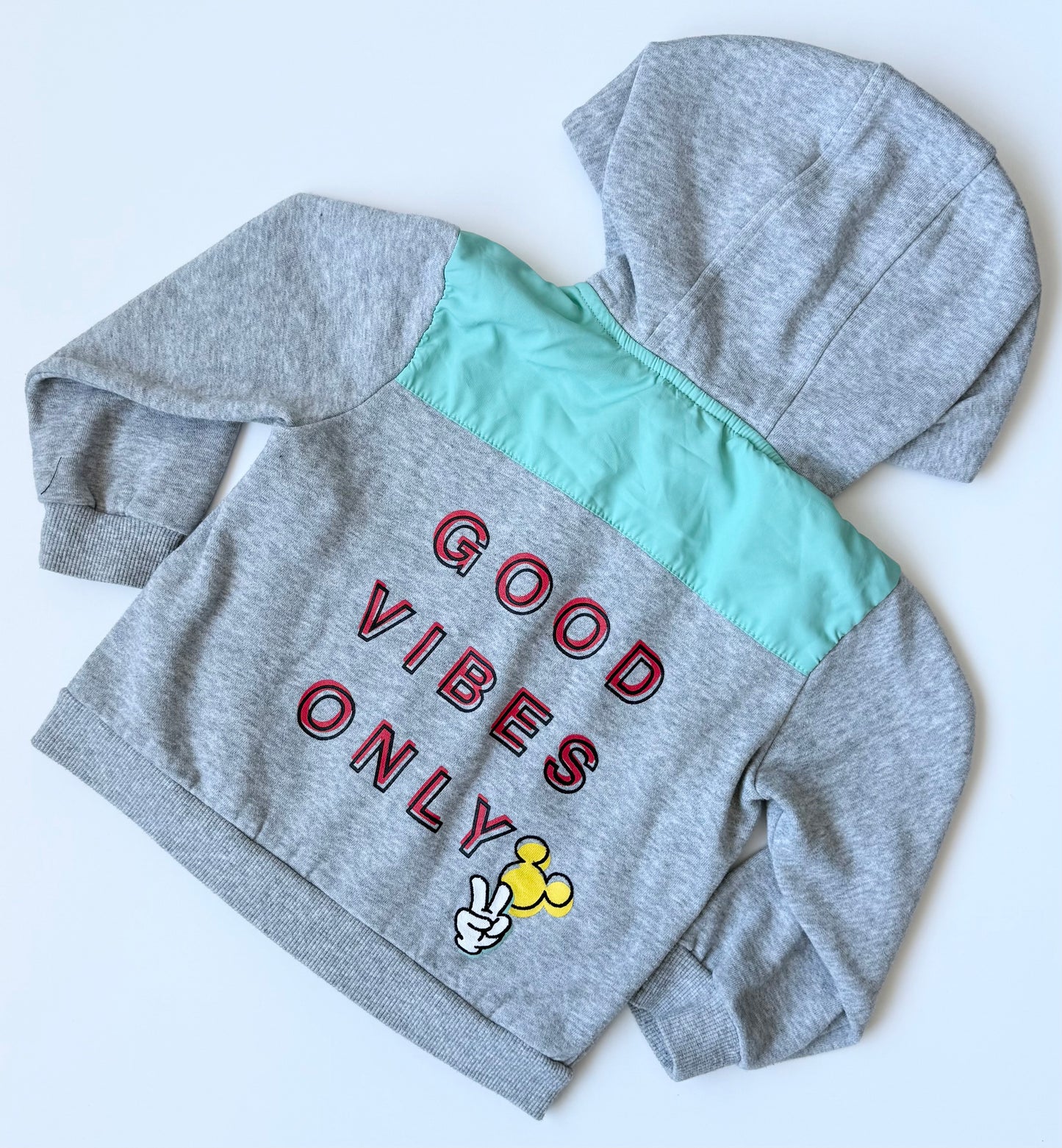 The Disney Store Grey Retro Skateboarding Mickey “Good Vibes Only” Zip Up Hoodie (3T)