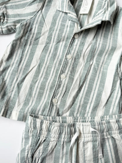 H&M Light Green & White Striped Linen Collared Short Sleeve & Matching Shorts Set (9-12 Months)