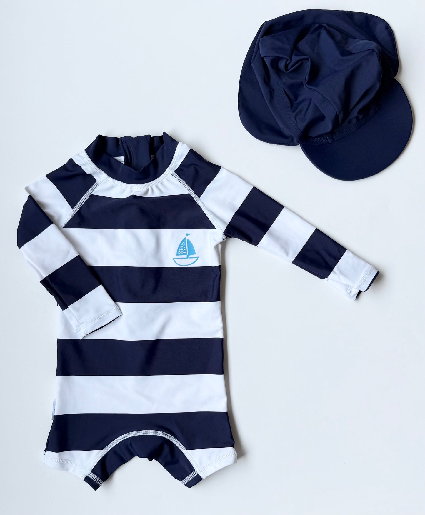 Up And Fast Blue & White Stripped Rashguard Long Sleeve One Piece Swimsuit & Matching Hat (3-6 Months)