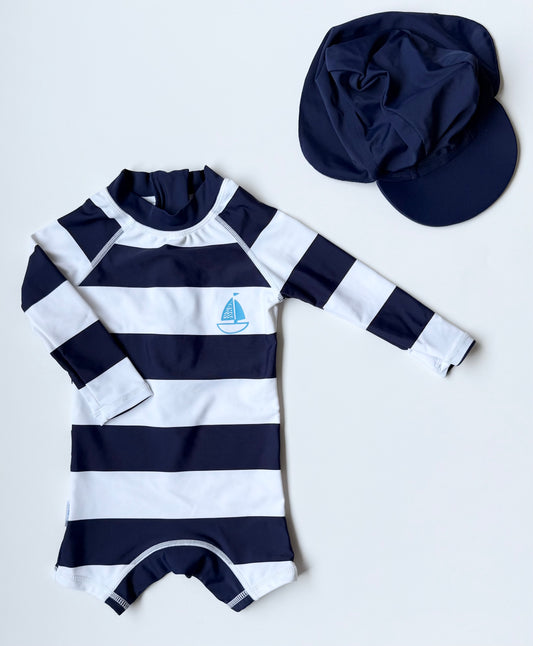 Up And Fast Blue & White Stripped Rashguard Long Sleeve One Piece Swimsuit & Matching Hat (3-6 Months)
