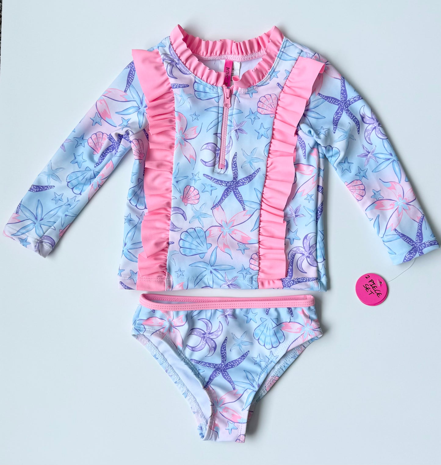 Betsey Johnson Light Pink & Blue Starfish Long Sleeve Two Piece Swimsuit Set - New (18 Months)