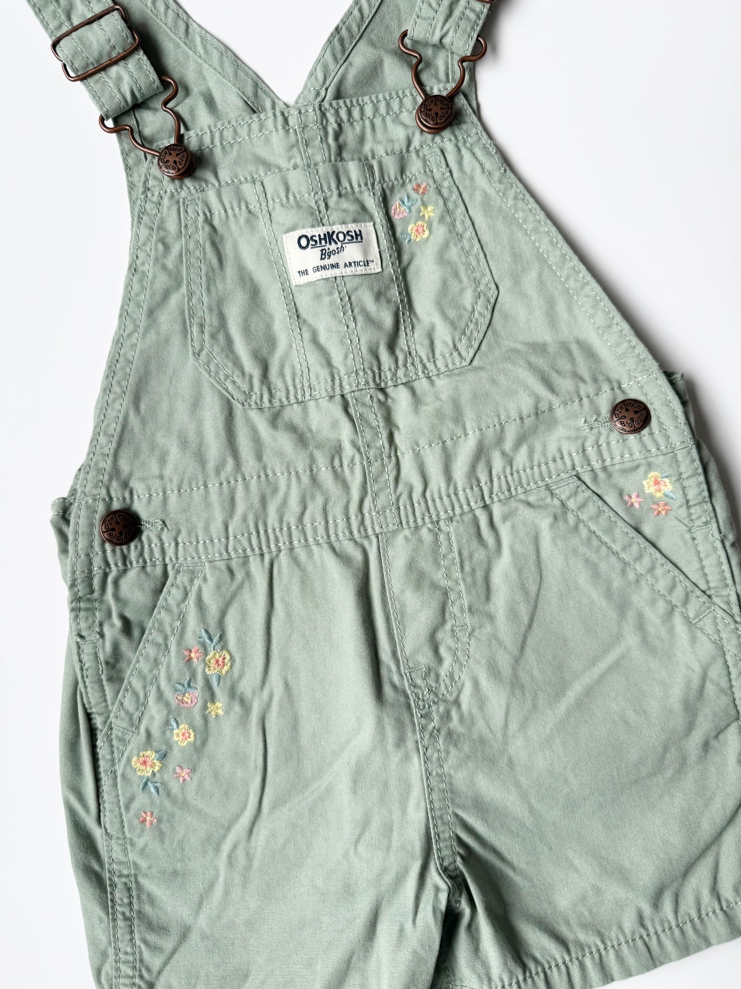 OshKosh Light Green & Embroidered Flowers Shorty Overalls (24 Months)