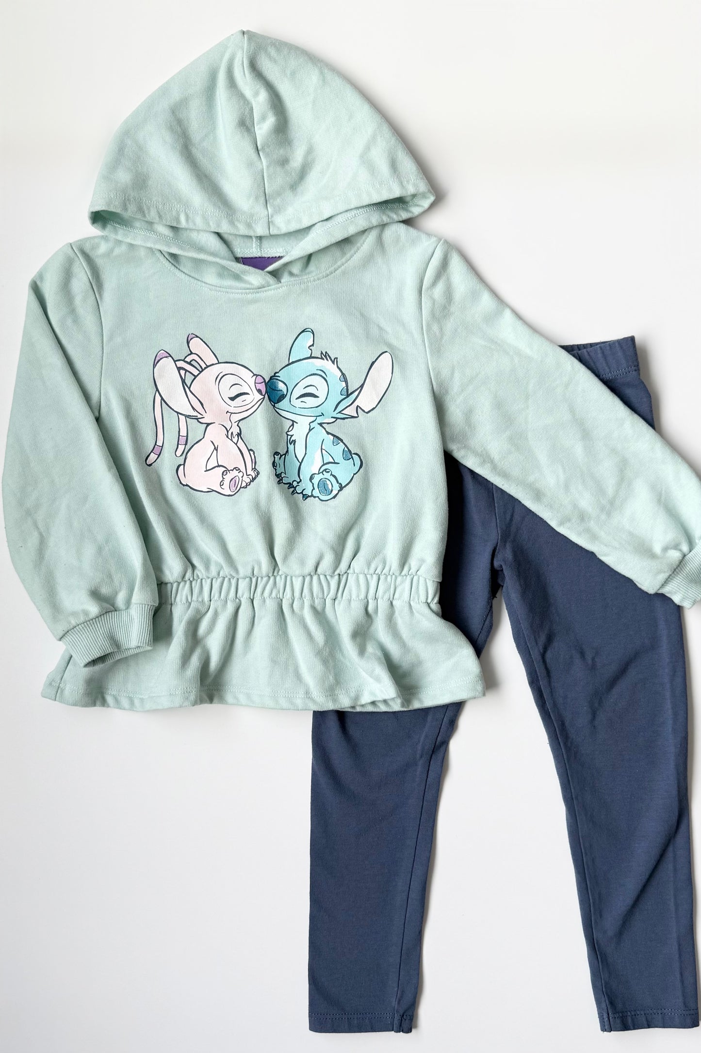 Disney Stitch & Angel Green & Blue Hooded Peplum Sweater & Leggings Set (4T)