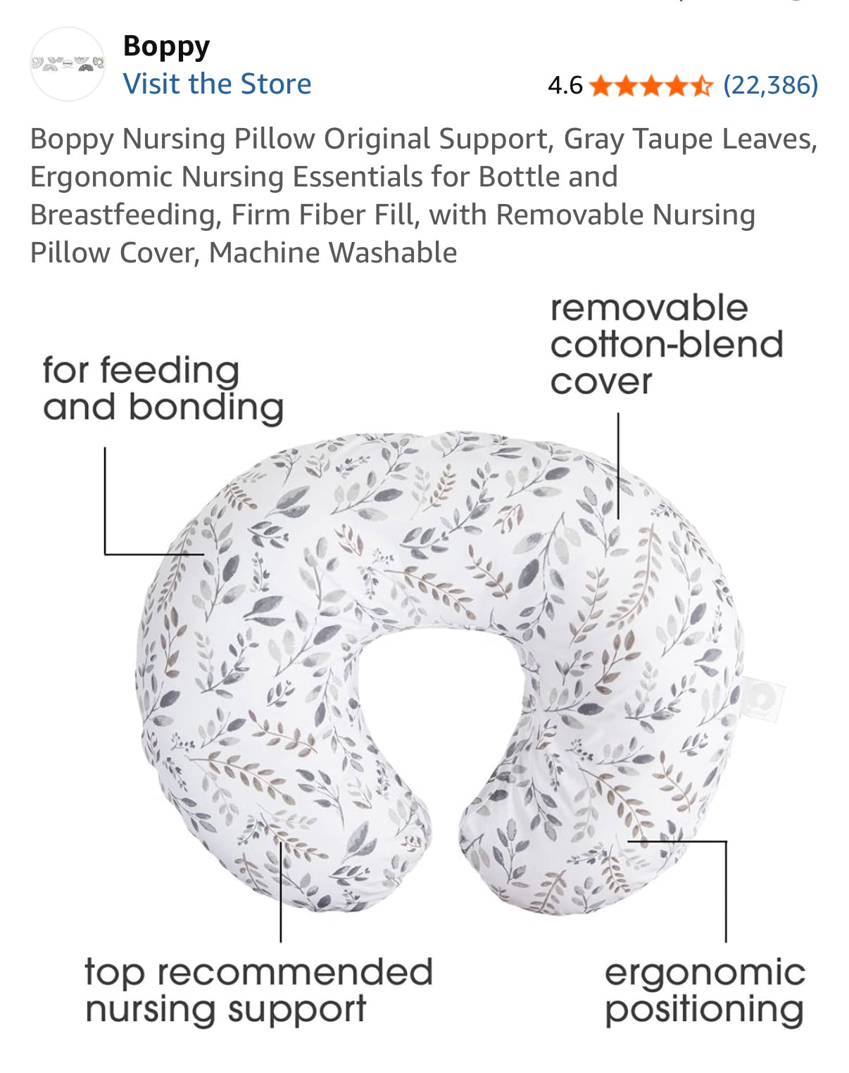 Boppy Original Feeding & Infant Support Pillow - White & Grey Leaves