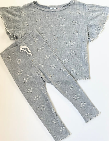 Zara Grey & Dainty White Floral Ribbed T-Shirt & Leggings Set (3-4 Years)