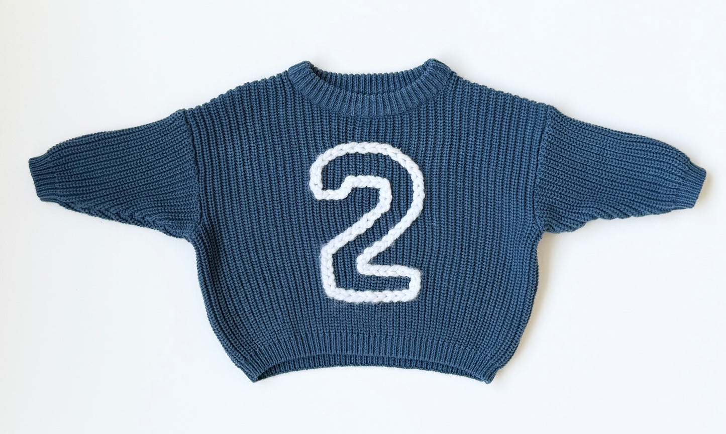 Custom Blue Knit “2” Sweater (0-3 Months)