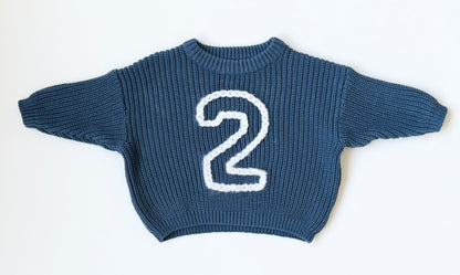 Custom Blue Knit “2” Sweater (0-3 Months)