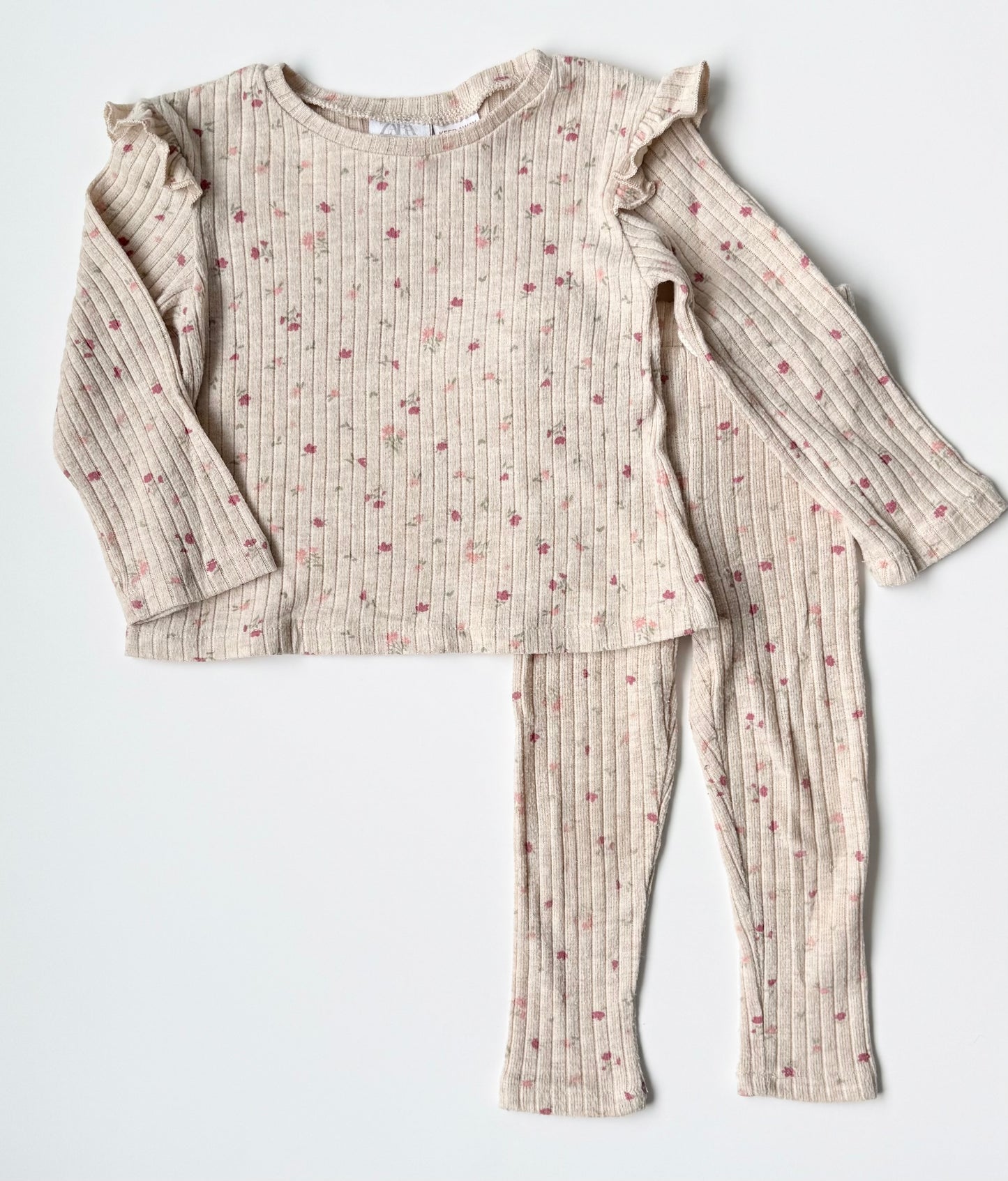 Zara Beige Dainty Pink Floral Ribbed Long Sleeve & Leggings Set (18-24 Months)