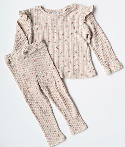 Zara Beige Dainty Pink Floral Ribbed Long Sleeve & Leggings Set (18-24 Months)
