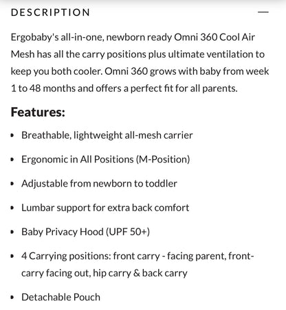 Ergo Omni 360 Cool Air Mesh Baby Carrier in Onyx Black