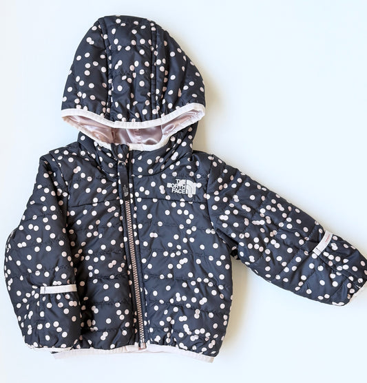 The North Face Perrito Black & Pink Polkadot Reversible Hooded Jacket (6-12 Months)